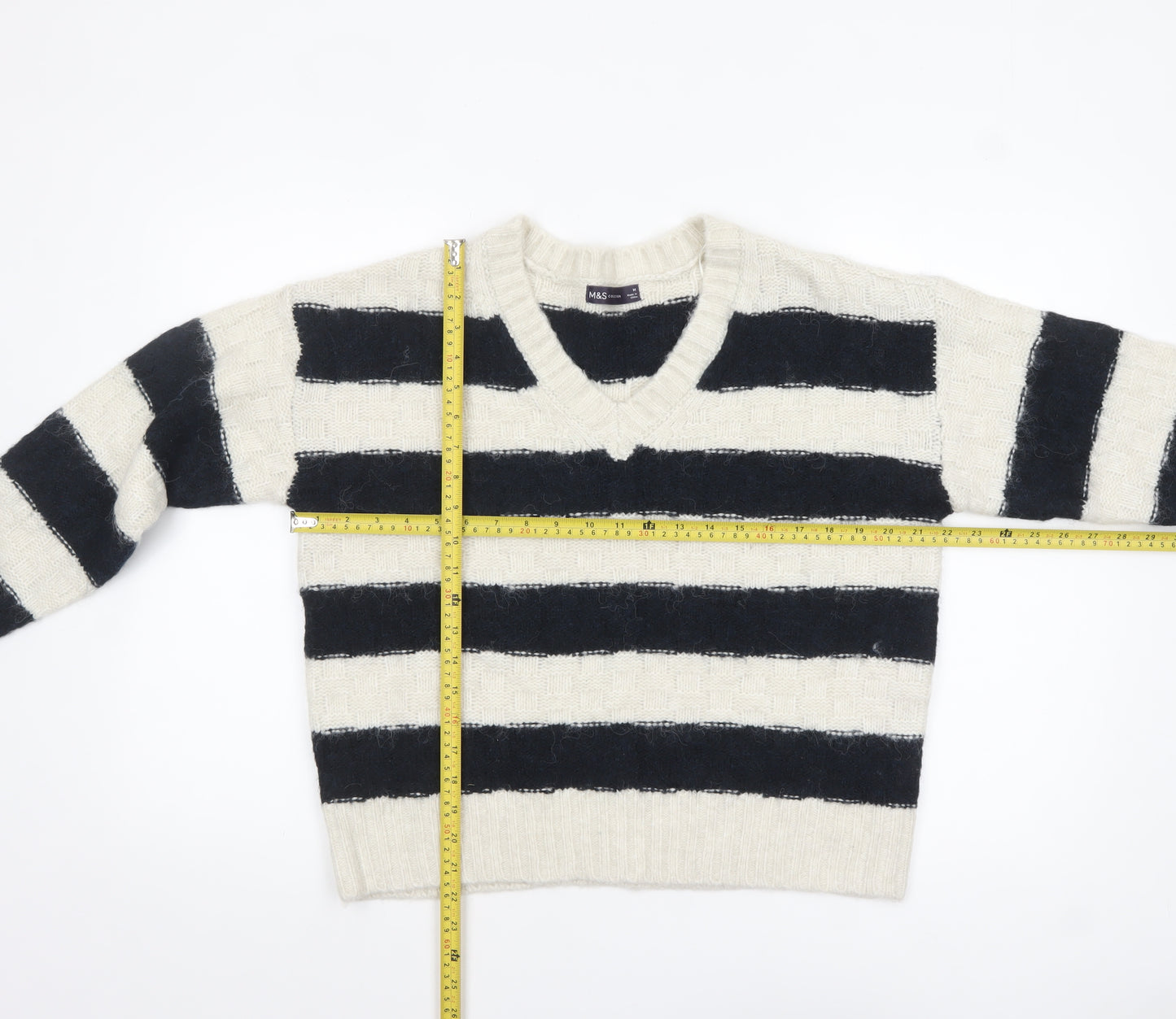 Marks and Spencer Women’s Black Ivory Striped V-Neck Knit Jumper M