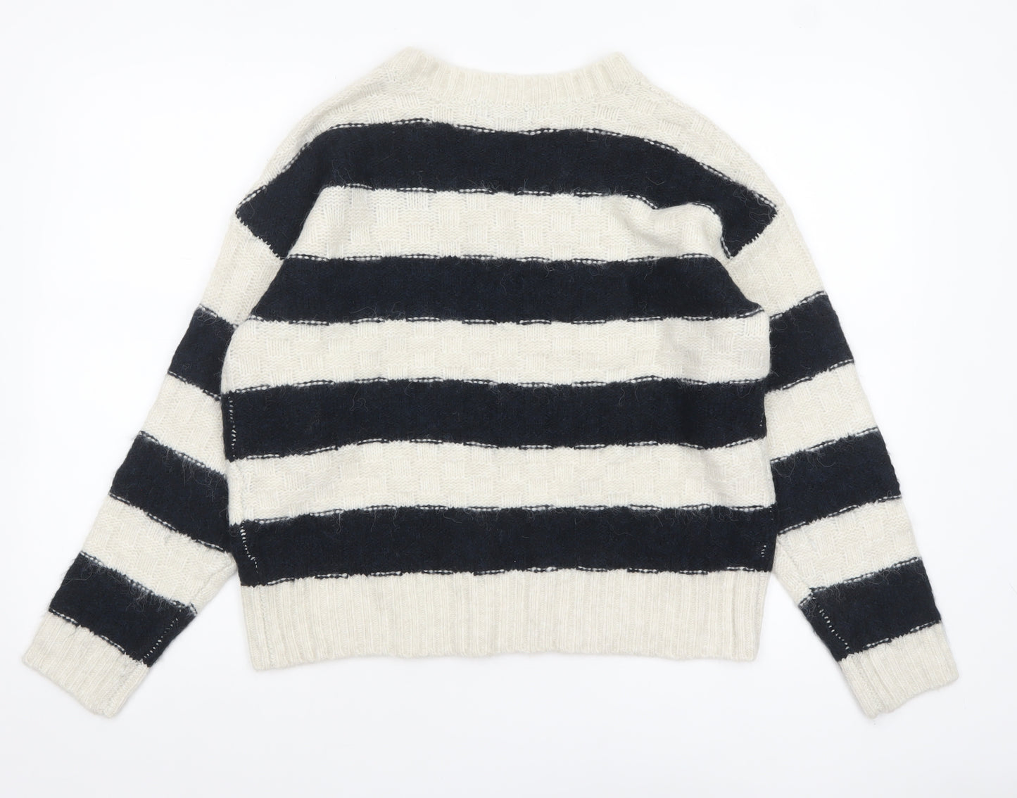Marks and Spencer Women’s Black Ivory Striped V-Neck Knit Jumper M