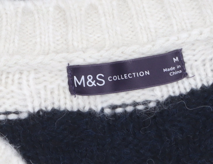 Marks and Spencer Women’s Black Ivory Striped V-Neck Knit Jumper M