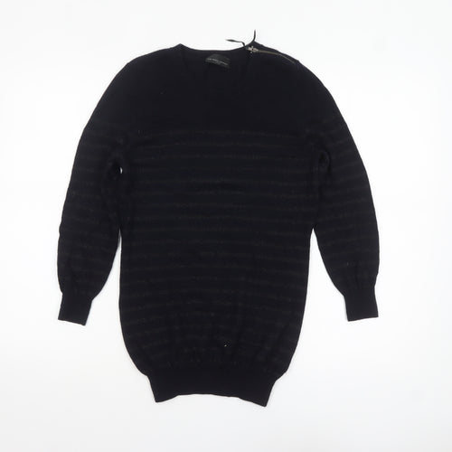 The White Company Women's Black Merino Wool Striped Crew Neck Jumper Size M