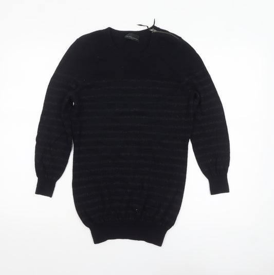 The White Company Women's Black Merino Wool Striped Crew Neck Jumper Size M