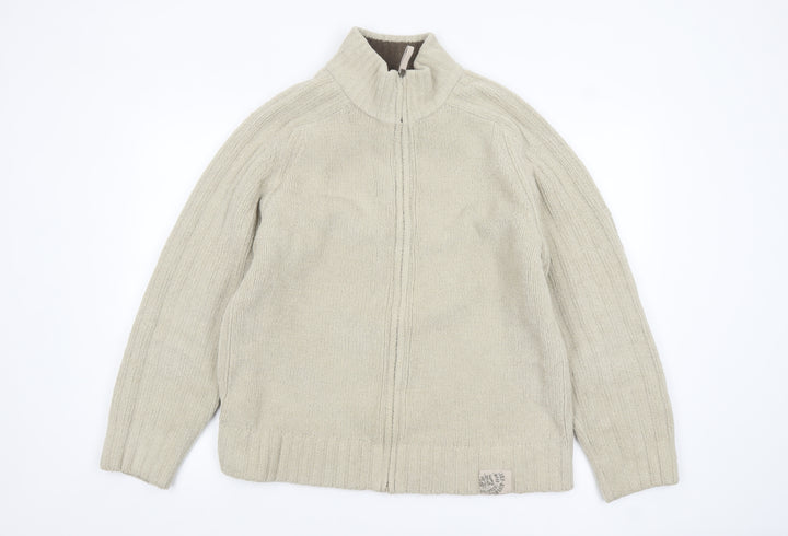 Next Men's Beige Full Zip High Neck Chunky Knit Jumper L