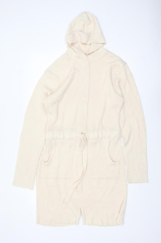 Nasty Gal Women Beige Hooded Knit Playsuit Medium 100% Acrylic Button Front