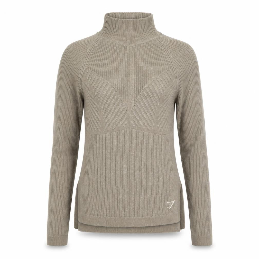 Front view of Gymshark women’s beige high neck slim fit knit jumper xs