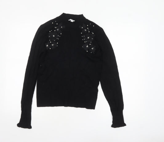 Warehouse Women's Black Embellished Jumper UK 10 Viscose Knit