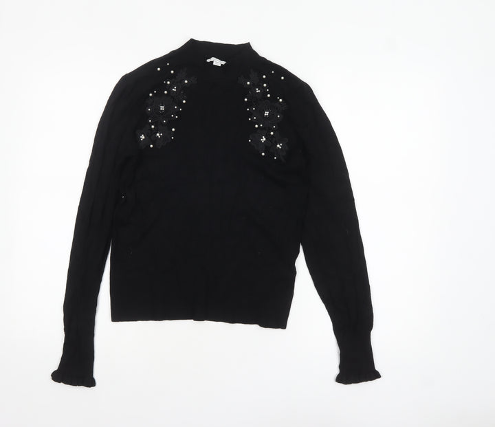 Warehouse Women's Black Embellished Jumper UK 10 Viscose Knit