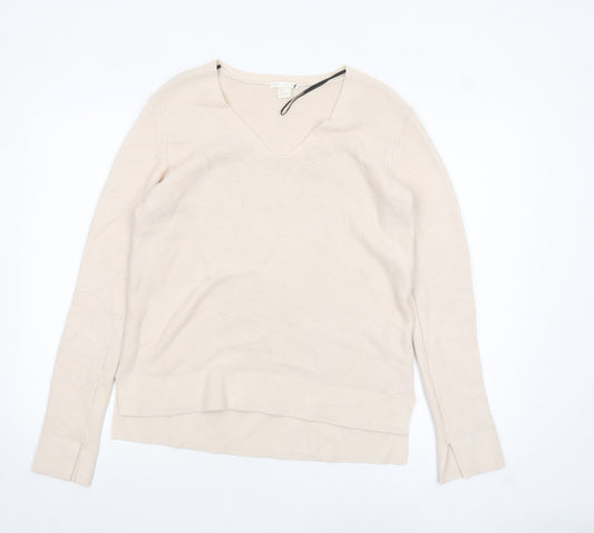 BASIC Women Beige V-Neck Pullover Jumper Size S Cotton Blend