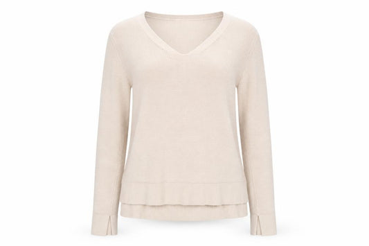 Front view of BASIC Women Beige V-Neck jumper, size S, Cotton Blend