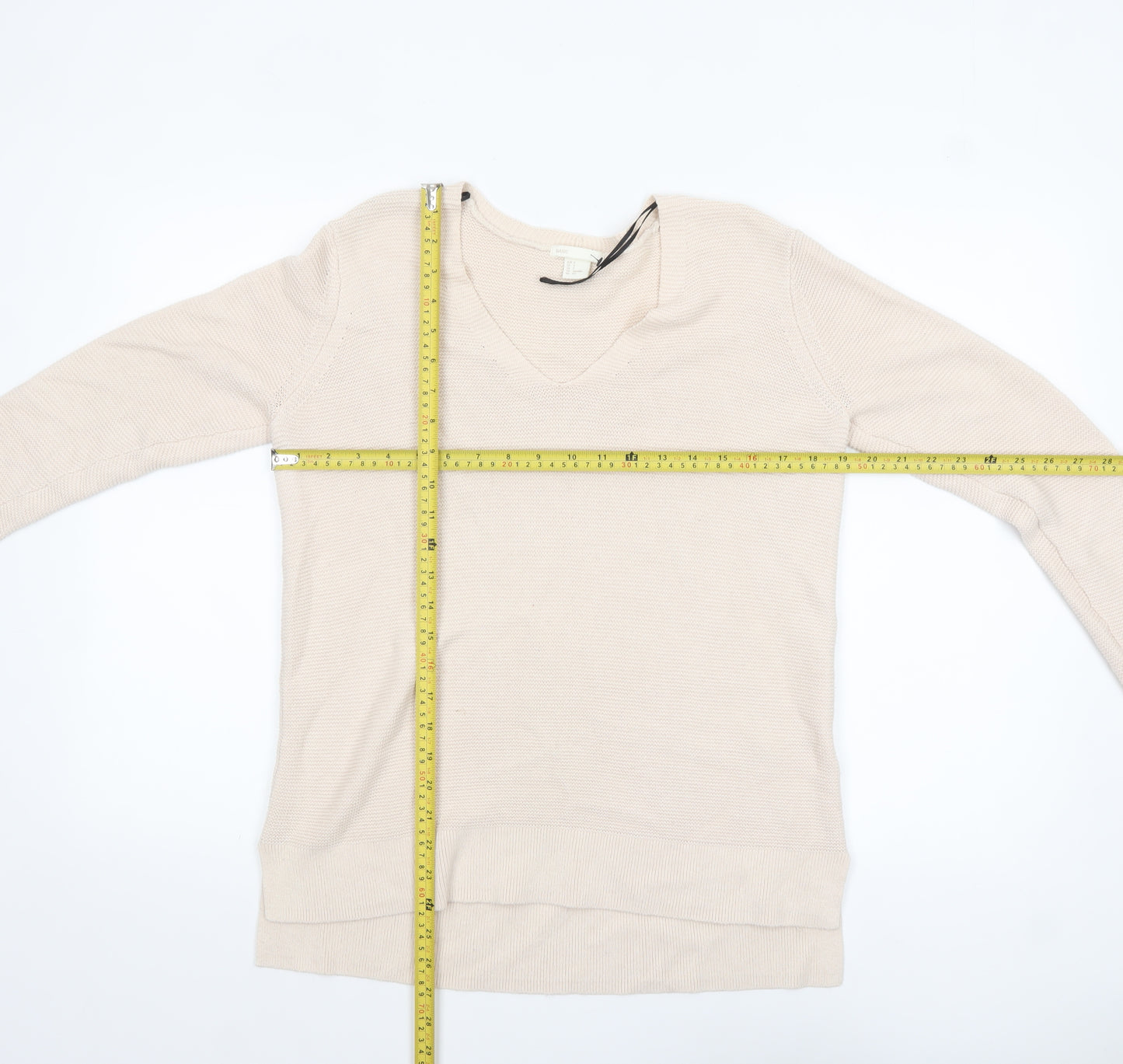 BASIC Women Beige V-Neck Pullover Jumper Size S Cotton Blend