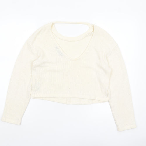 Bershka Women’s Ivory V-Neck Knit Jumper Size S
