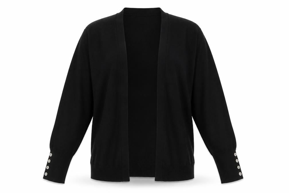 Front view of Cyrus Women Black L Knit Cardigan Lightweight Open Front