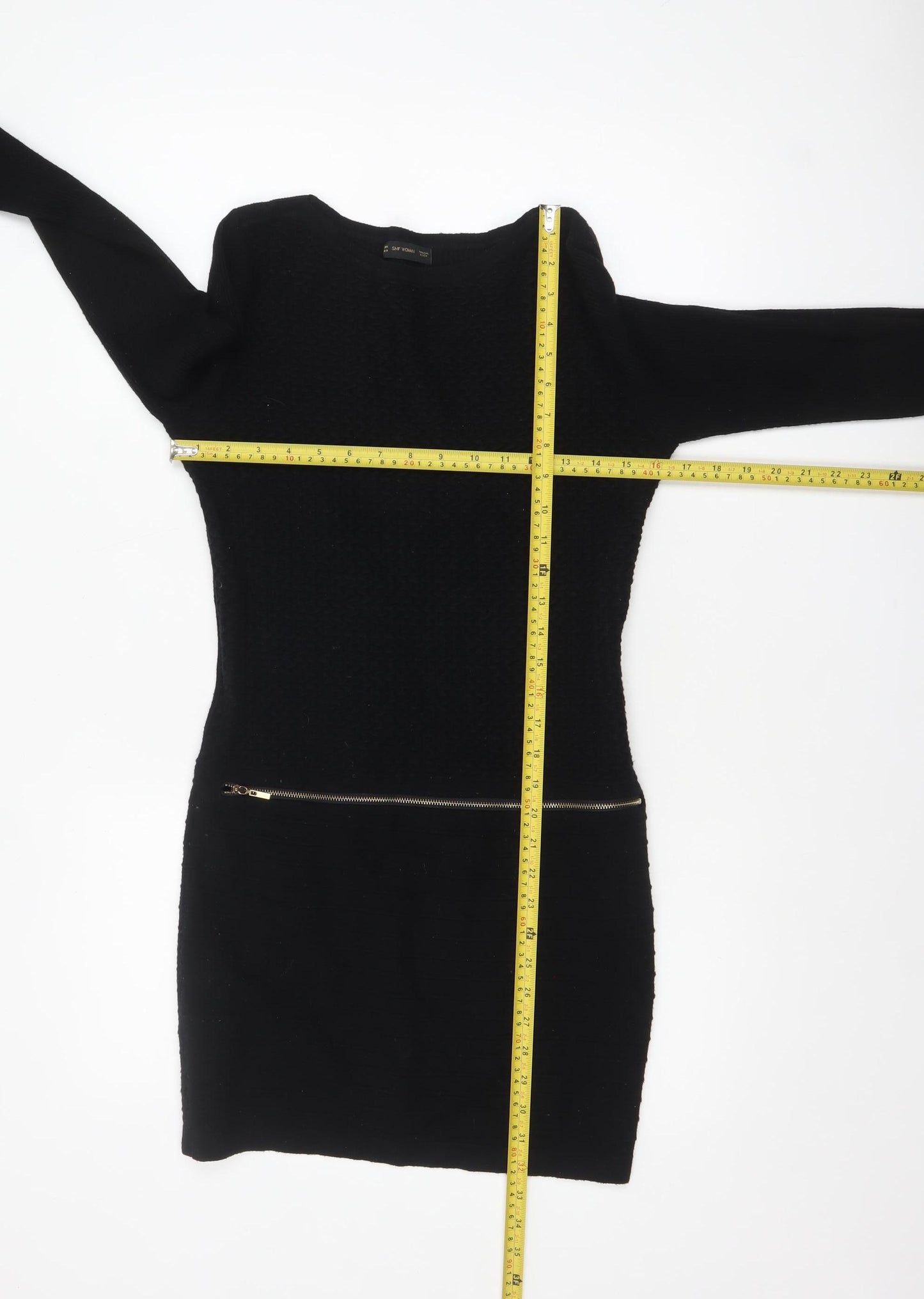 SMF Woman Black Bodycon Knit Long Sleeve Short Dress UK 14