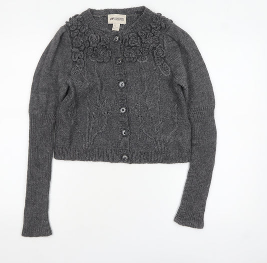 H&M Women’s Grey Floral Knit Cardigan Size 12 Wool Alpaca