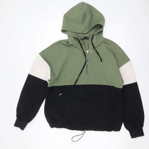 Zara Women Green Colourblock Half Zip Hooded Sweatshirt XS