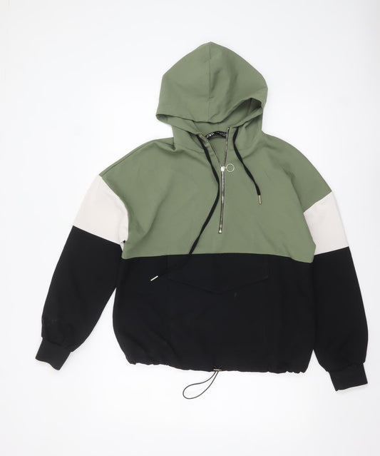 Zara Women Green Colourblock Half Zip Hooded Sweatshirt XS
