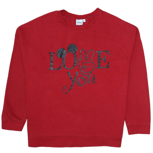 Disney Women Red LOVE Mickey Sweatshirt XL Glitter Print Casual