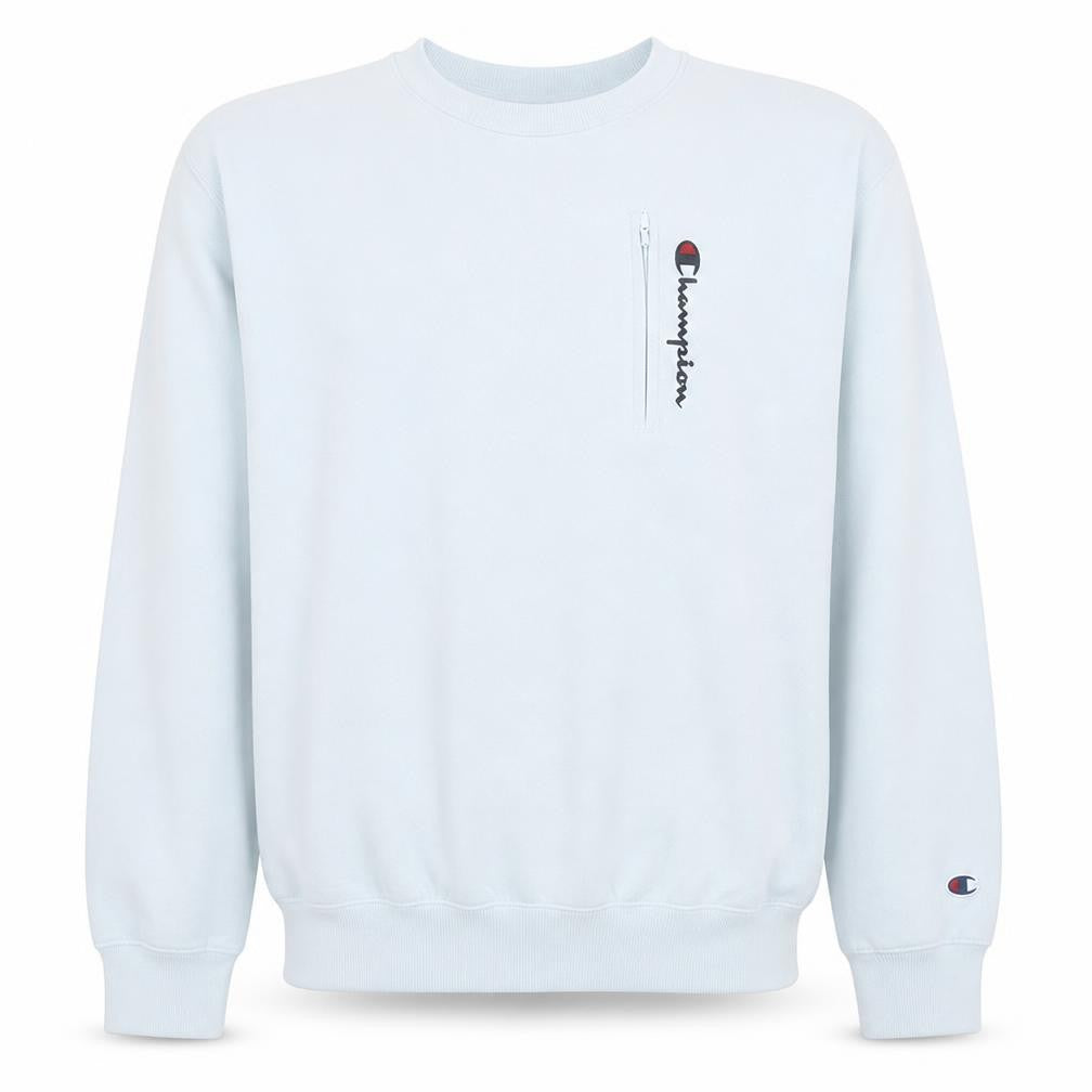 Front view of Champion men’s white medium crew neck pullover sweatshirt
