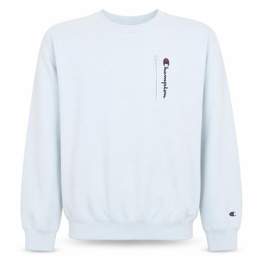 Front view of Champion men’s white medium crew neck pullover sweatshirt