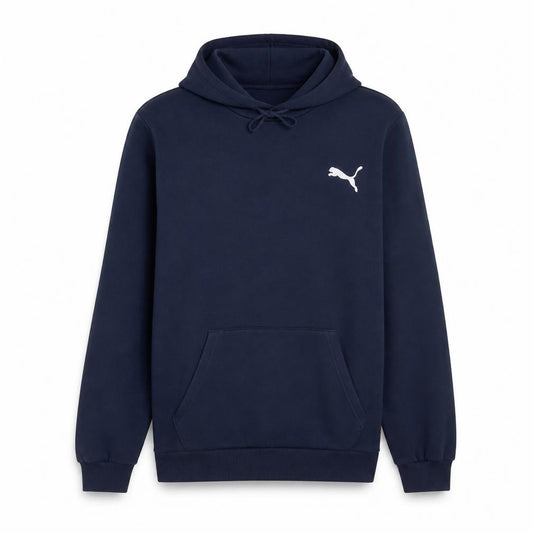 Front view of Puma Men’s Blue Pullover Hoodie, size L, Regular Fit Fleece Logo