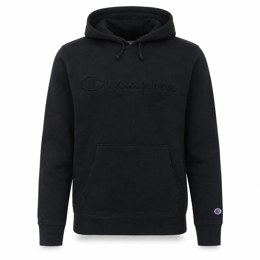 Front view of Champion Men's Black Pullover Hoodie M Fleece Logo Sweatshirt