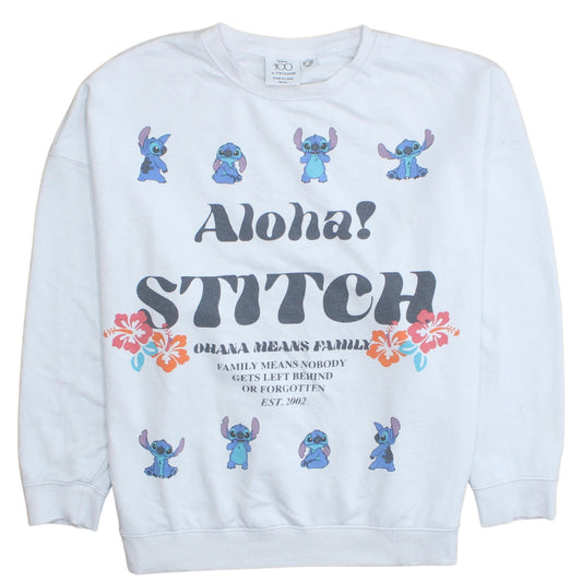 Disney Primark Women White Stitch Sweatshirt UK 12 Aloha Graphic Print