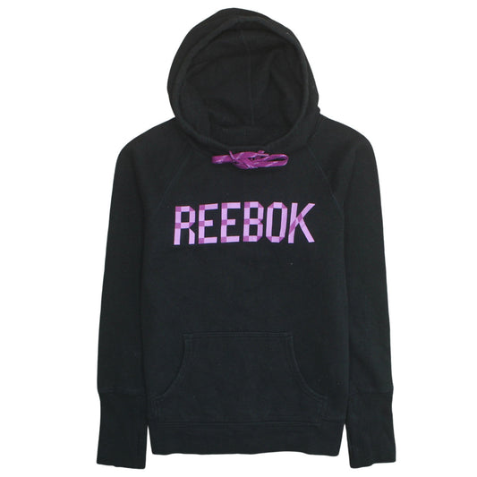 Reebok Womens Black Pullover Hoodie UK Size M Purple Logo Casual