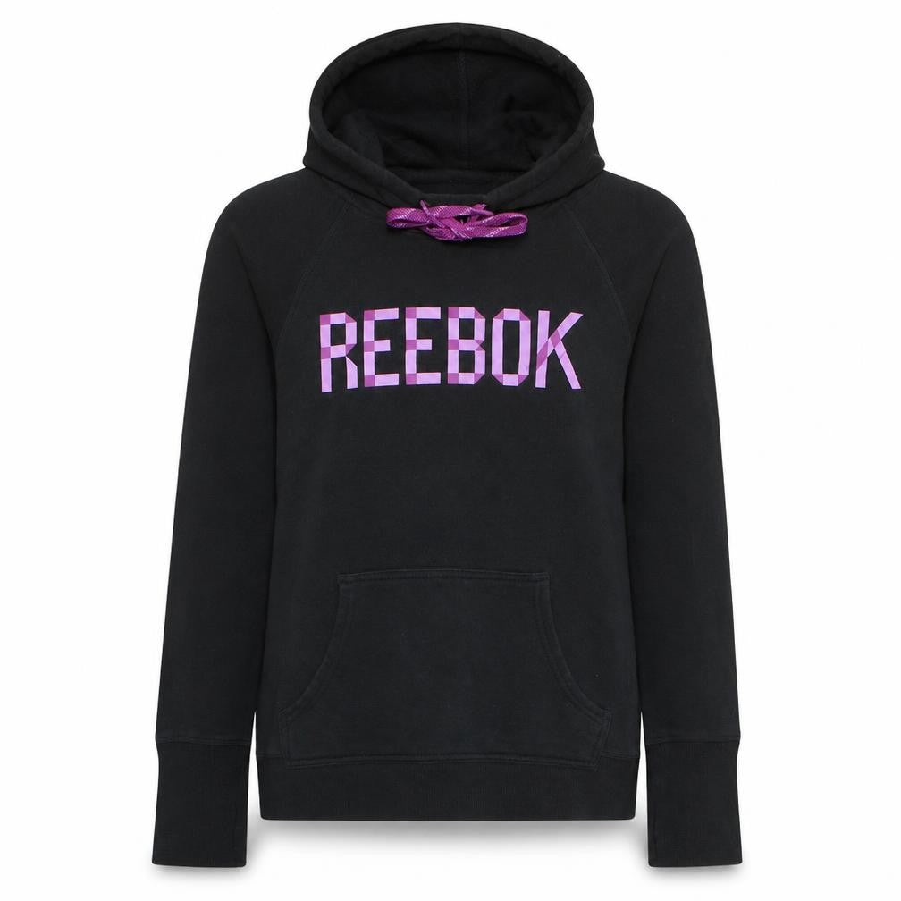 Front view of Reebok women’s black pullover hoodie uk, size M, purple logo casual