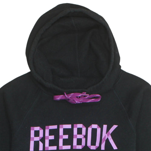 Reebok Womens Black Pullover Hoodie UK Size M Purple Logo Casual
