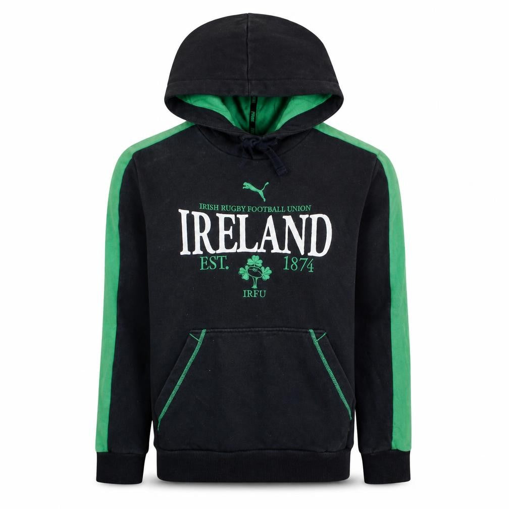 Front view of Puma Men’s Black Green Ireland Rugby Hoodie, size S, Pullover