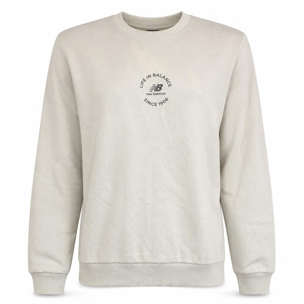 Front view of New Balance women’s beige crew neck pullover sweatshirt m cotton blend