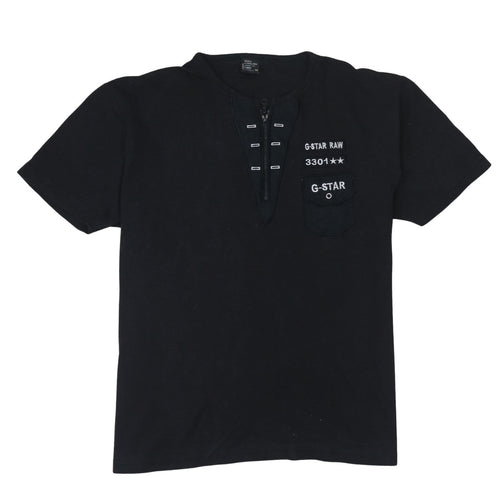 G-Star RAW Mens Black 2XL Henley Zip Logo Cotton T-Shirt