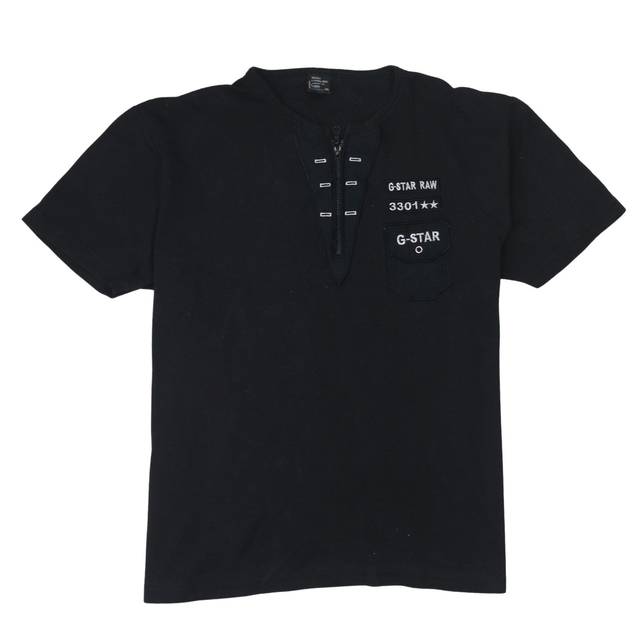 G-Star RAW Mens Black 2XL Henley Zip Logo Cotton T-Shirt