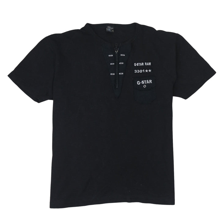 G-Star RAW Mens Black 2XL Henley Zip Logo Cotton T-Shirt