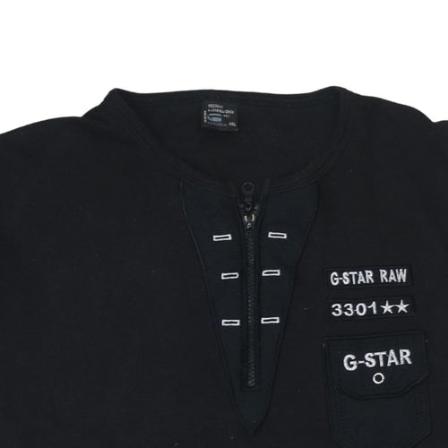 G-Star RAW Mens Black 2XL Henley Zip Logo Cotton T-Shirt