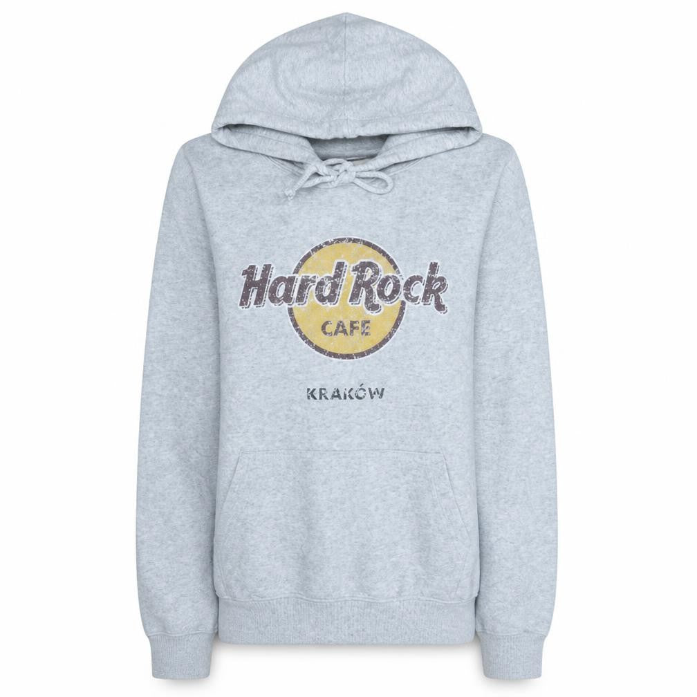 Front view of Hard Rock Cafe Kraków Grey Hoodie Women Small Pullover Cotton Blend