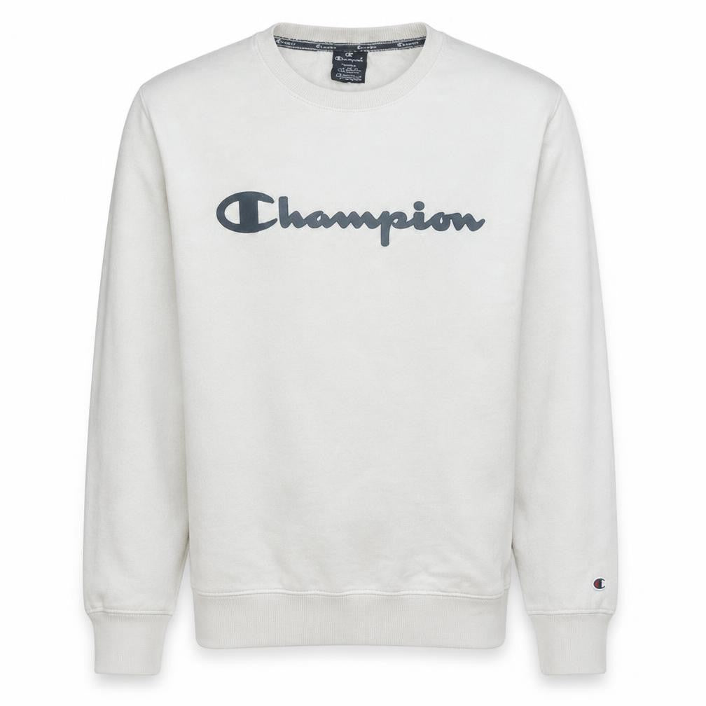 Front view of Champion Men's White Small Pullover Sweatshirt Logo Crew Neck