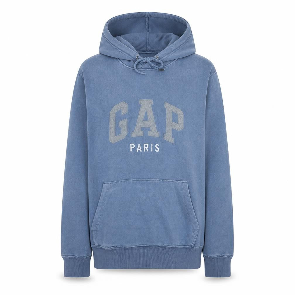 Front view of Gap Men Blue Paris Logo Pullover Hoodie, size M