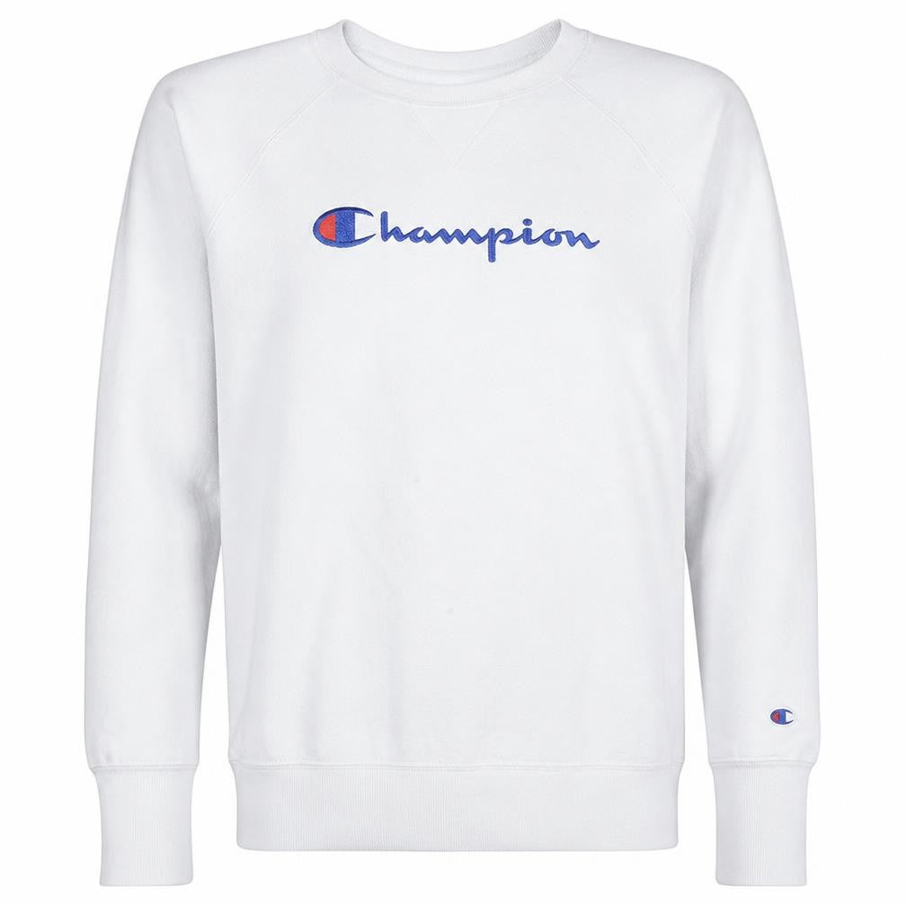 Front view of Champion Men's White Small Pullover Sweatshirt Crew Neck Logo