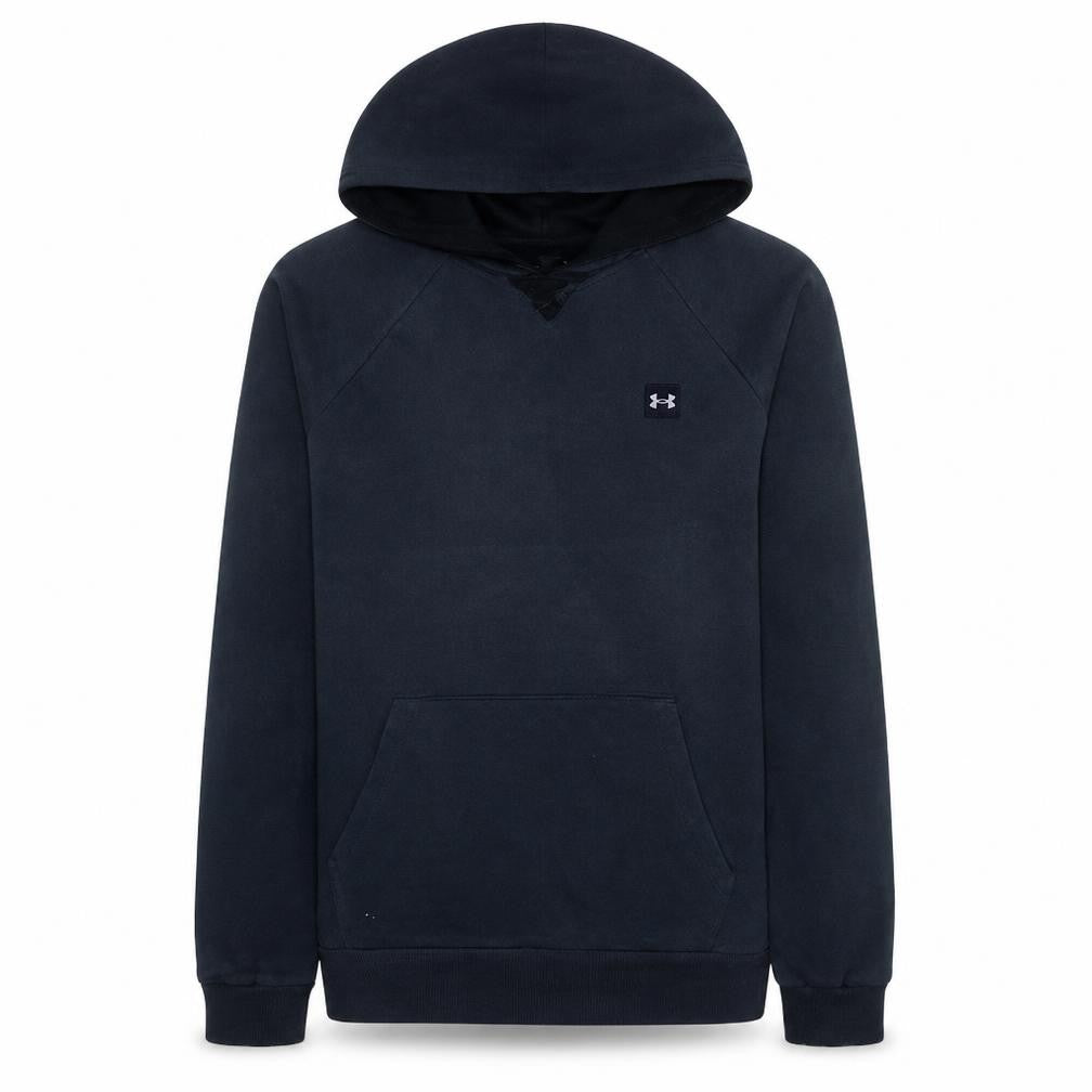 Front view of Under Armour Men's Black Pullover Hoodie, size L, Relaxed Fit Fleece