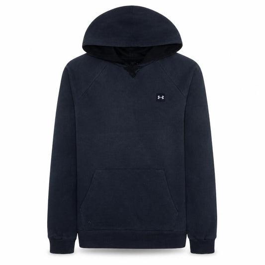 Front view of Under Armour Men's Black Pullover Hoodie, size L, Relaxed Fit Fleece