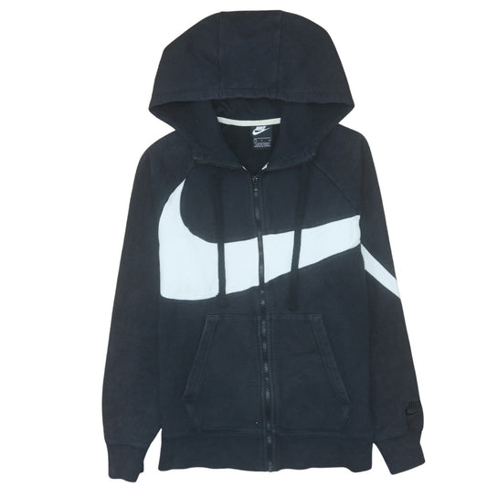 Nike Women Black Full Zip Hoodie Small Cotton Blend Lined Hood Retro Swoosh