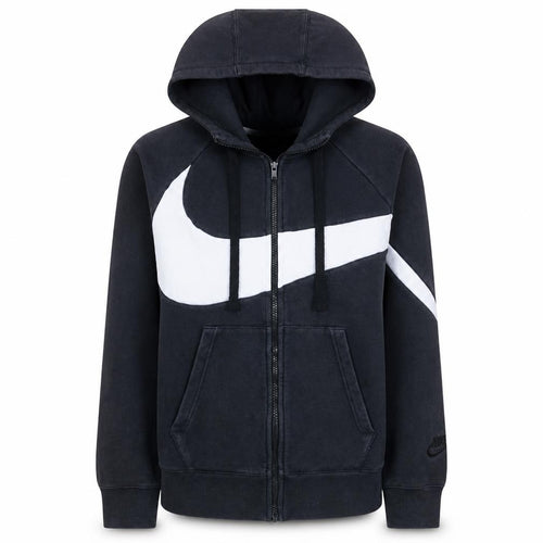 Nike Women Black Full Zip Hoodie Small Cotton Blend Lined Hood Retro Swoosh