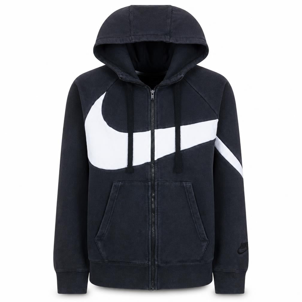 Nike Women Black Full Zip Hoodie Small Cotton Blend Lined Hood Retro Swoosh