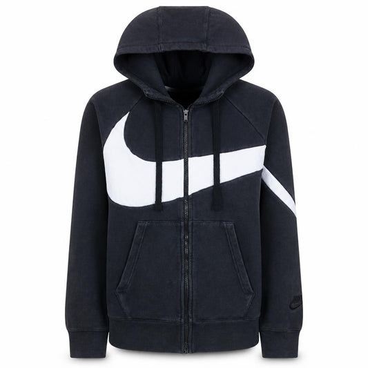 Front view of Nike Women Black Full Zip Hoodie Small Cotton Blend Lined Hood Retro Swoosh