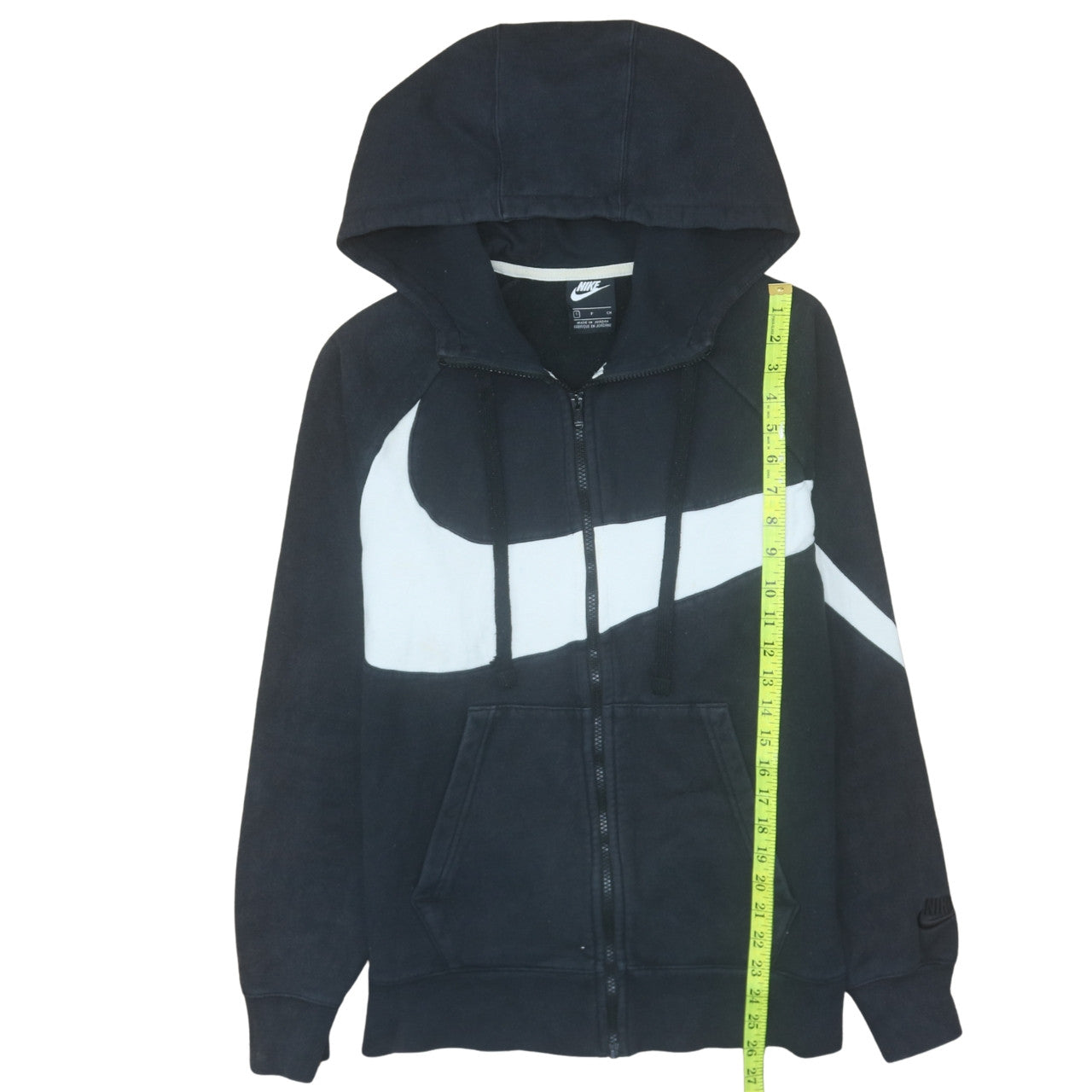 Nike Women Black Full Zip Hoodie Small Cotton Blend Lined Hood Retro Swoosh