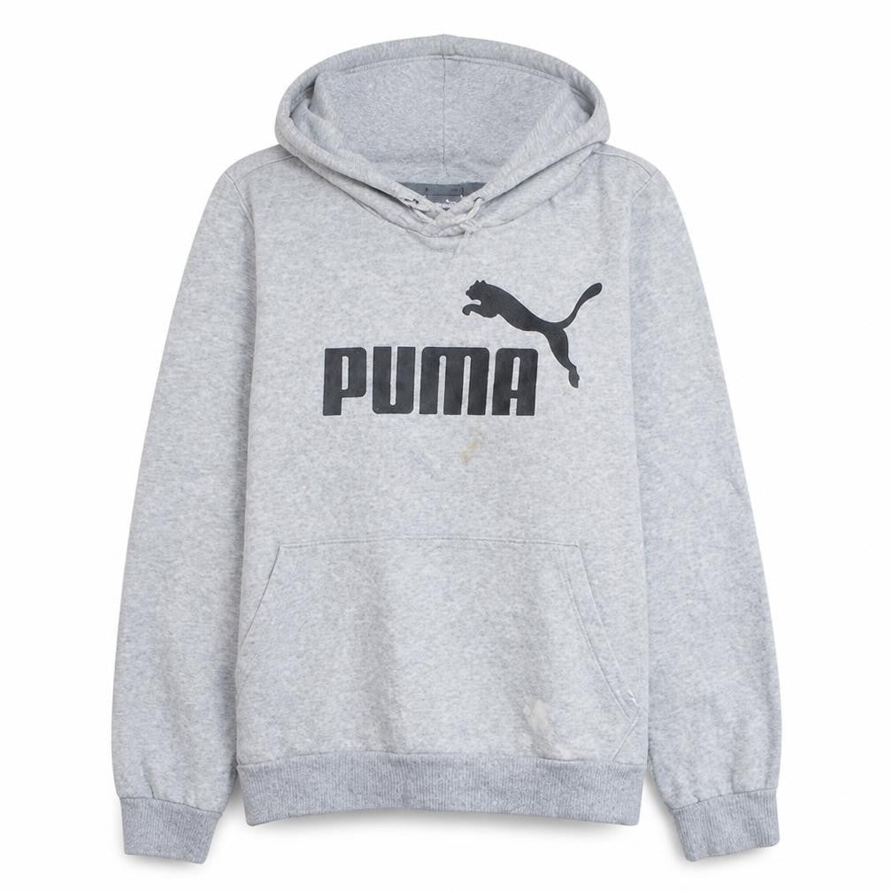 Front view of Puma women’s grey pullover hoodie xl logo print casual sweatshirt