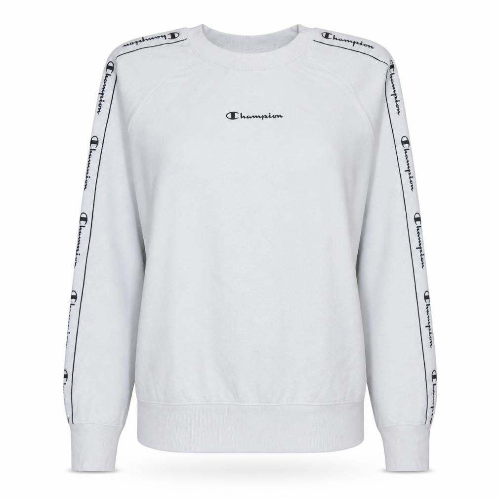 Front view of Champion Women's White Logo Tape Pullover Sweatshirt Small