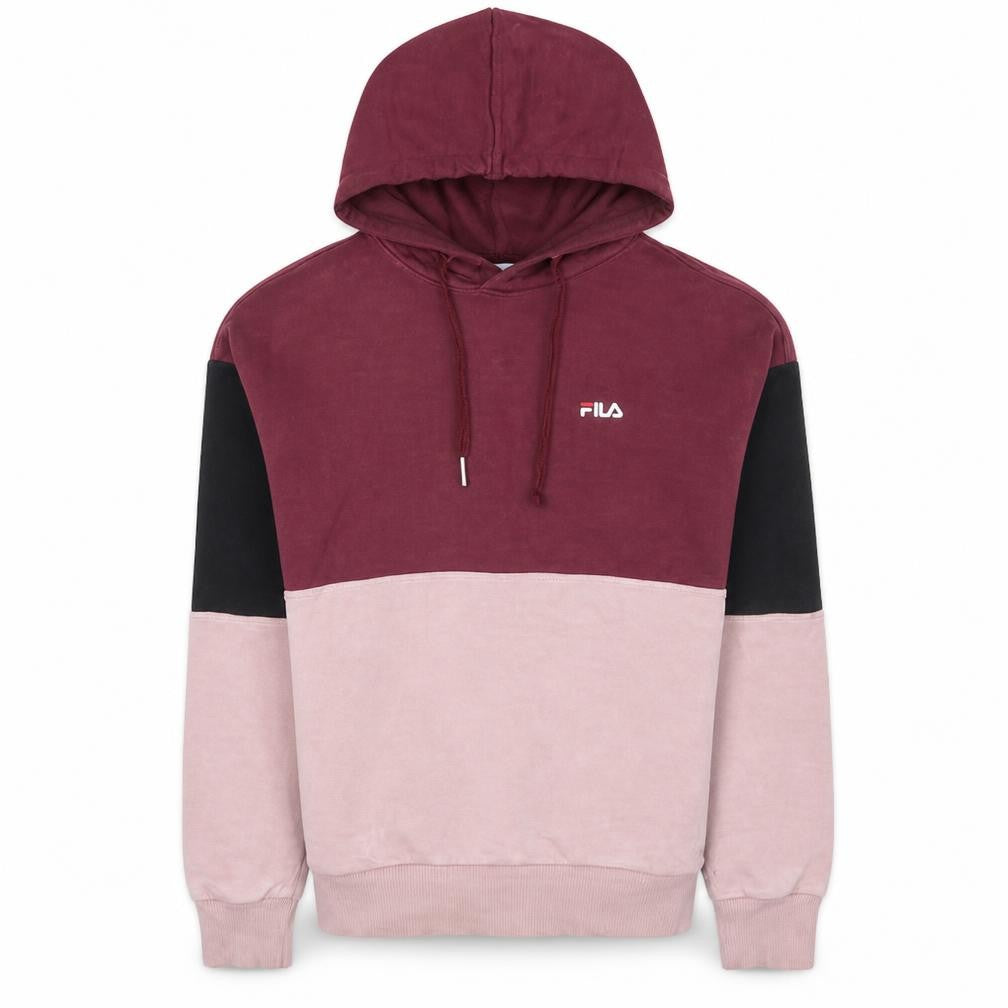 Front view of Fila women’s burgundy pink colourblock pullover hoodie xs