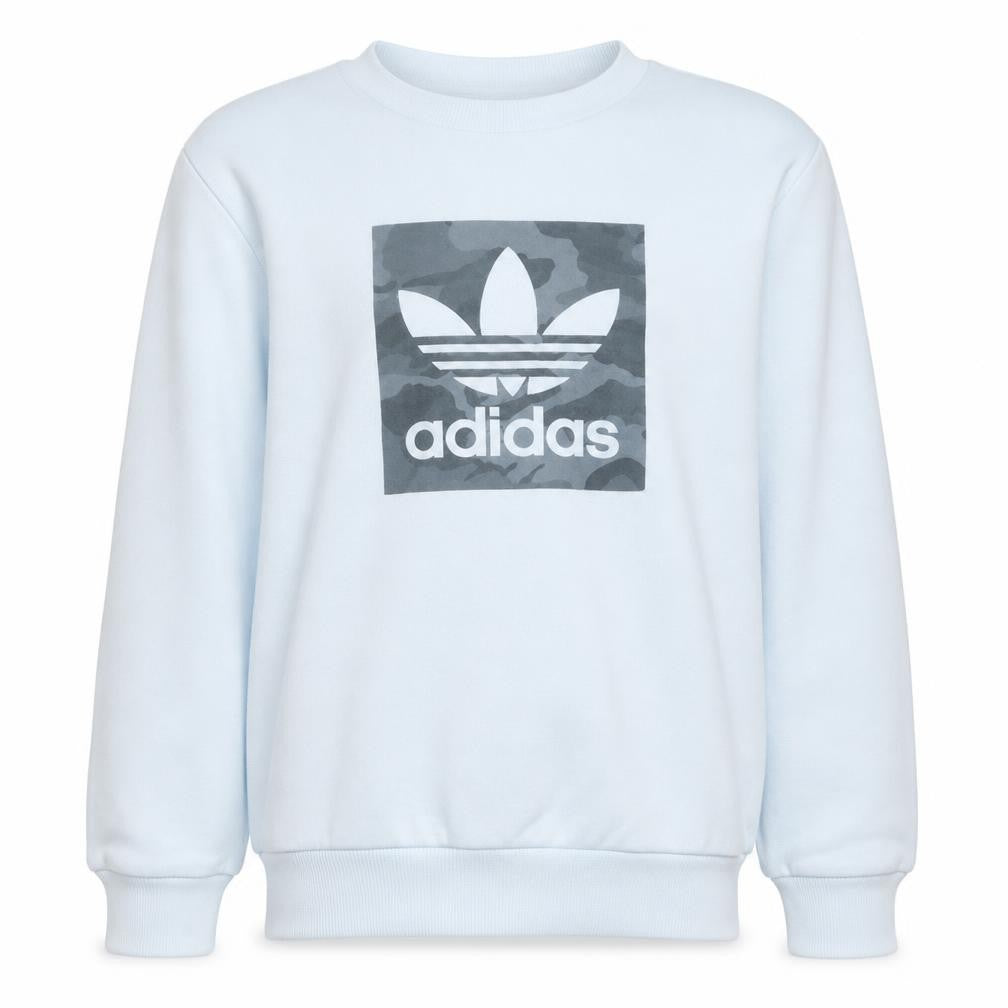 Front view of Adidas boys’ white camo logo crew neck pullover sweatshirt 13-14 years