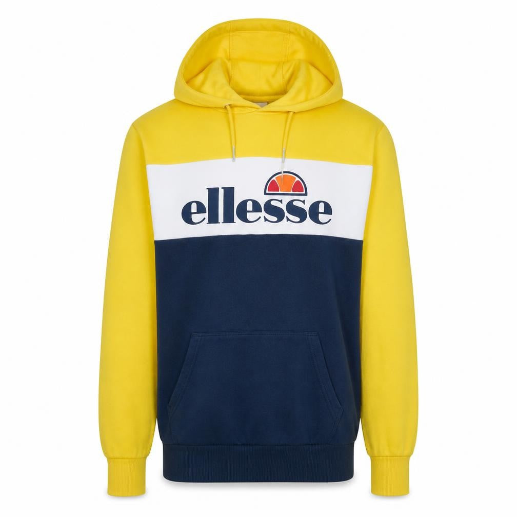 Front view of Ellesse Men's Yellow Colour Block Pullover Hoodie XS